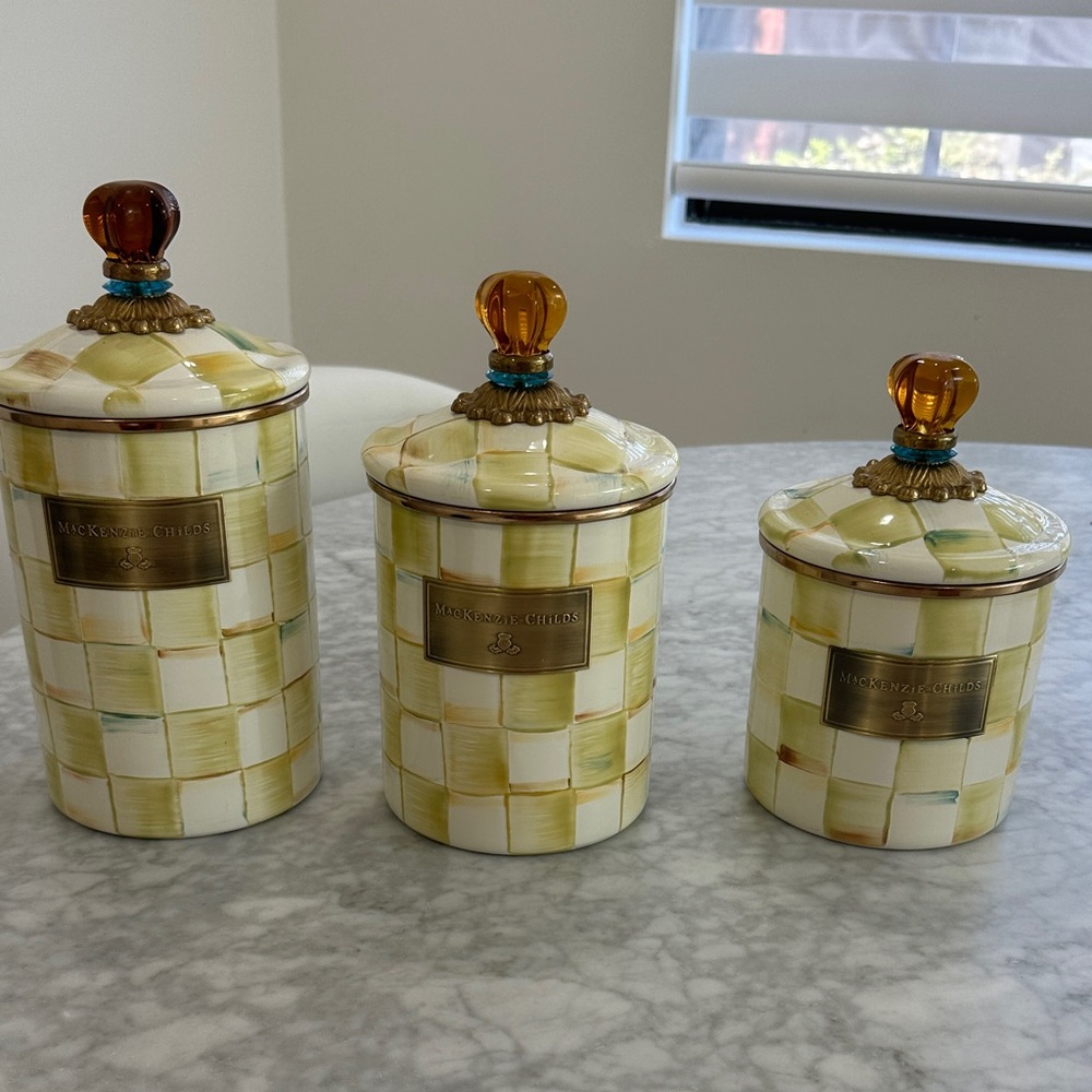 MacKenzie-Childs Checkered Canister Set with Gold and Cream